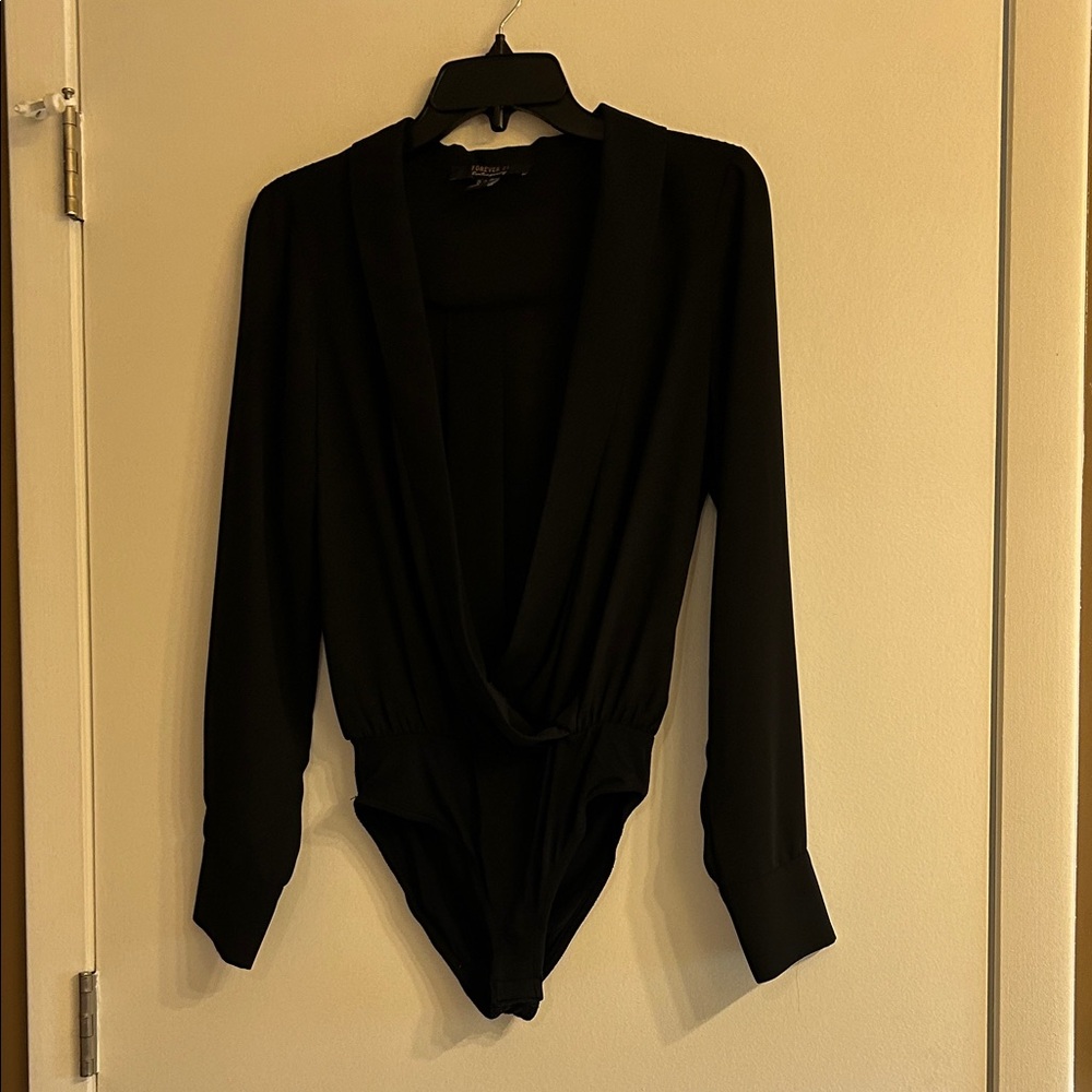 Forever 21 Black Draped V-Neck Long Sleeve Bodysuit